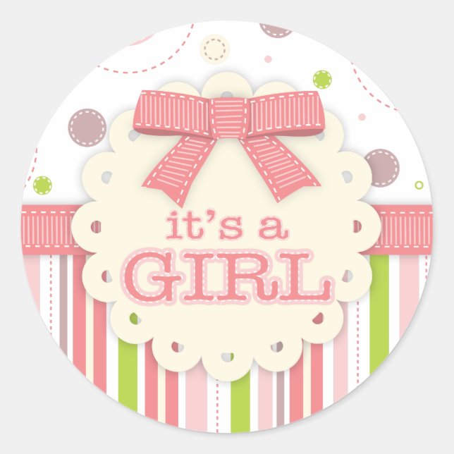 It's a Girl Pinks & Green Stitches Baby Shower Classic Round Sticker (Front)