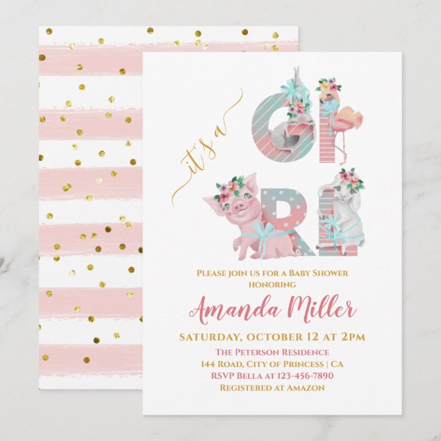 It's a Girl Pretty Animal Letters Baby Shower Invi Invitation (Front/Back)