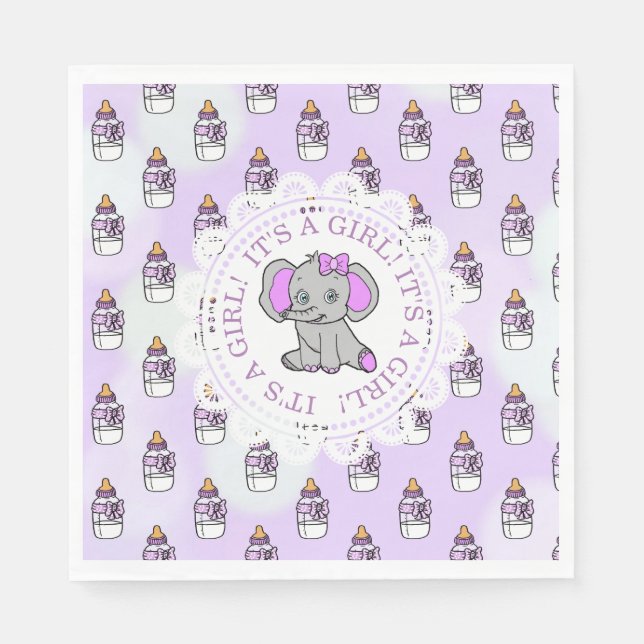 It's a Girl, Purple Elephant Baby shower Napkin (Front)
