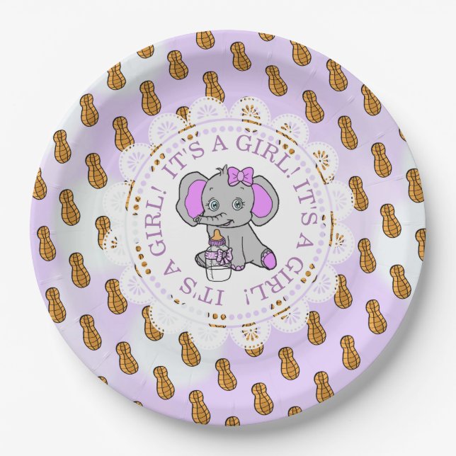 It's a Girl, Purple Elephant  Themed Baby shower Paper Plate (Front)
