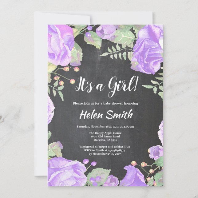 It's A Girl Purple Floral Baby Shower Chalkboard Invitation (Front)