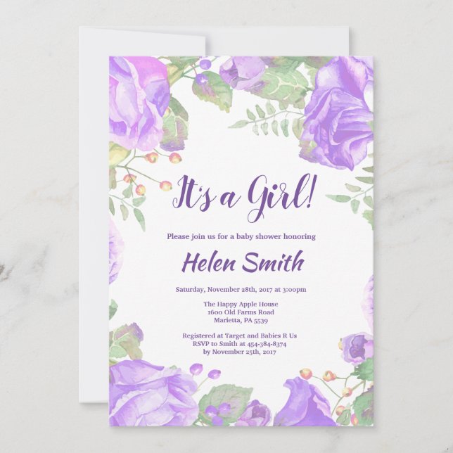 It's A Girl Purple Floral Baby Shower Invitation (Front)