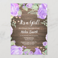 It's A Girl Purple Floral Baby Shower Rustic Wood