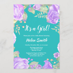 It's A Girl Purple Floral Baby Shower Teal Invitation