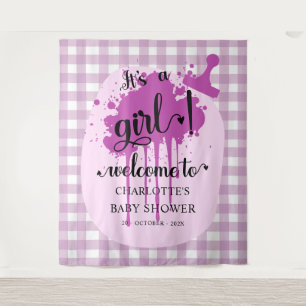 It's a Girl! Purple Gingham Baby Shower Backdrop Tapestry