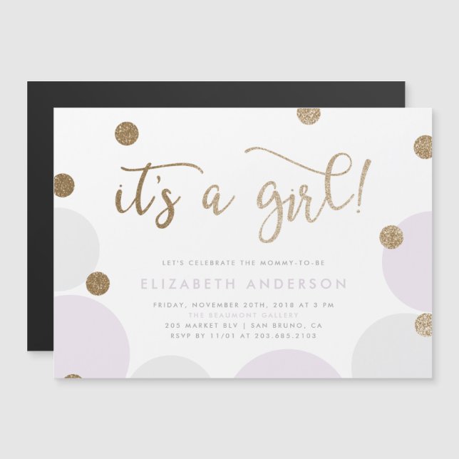 It's a Girl! | Purple & Gold Confetti Baby Shower Magnetic Invitation (Front/Back)