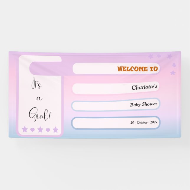It's A Girl! Purple Gradient Cute Baby Shower Banner (Horizontal)