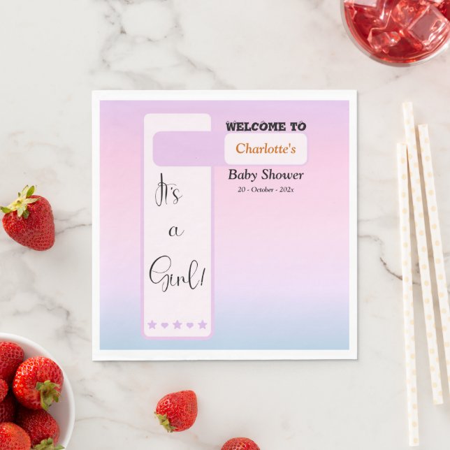 It's A Girl! Purple Gradient Cute Baby Shower Napkin (Insitu)