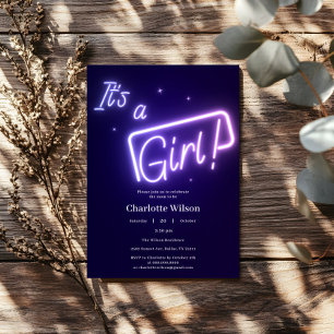 It's a Girl! Purple Neon Text Baby Shower Invitation