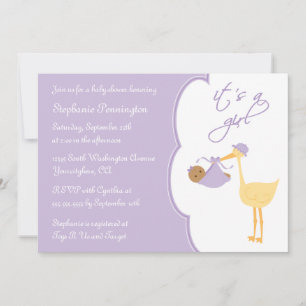 It's a girl purple stork baby shower invitation