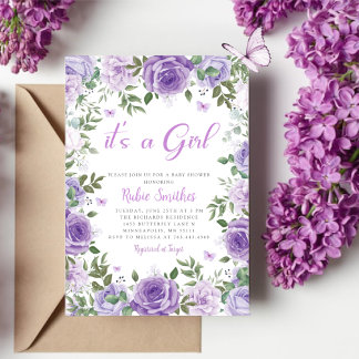 Its A Girl Purple Watercolor Floral Baby Shower Invitation