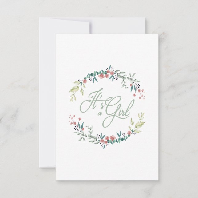 It's a Girl Quote in Pink Green on Floral Wreath Invitation (Front)