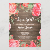 It's A Girl Red Floral Baby Shower Rustic Wood