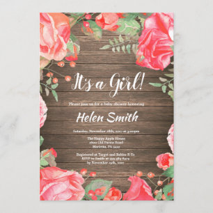It's A Girl Red Floral Baby Shower Rustic Wood Invitation