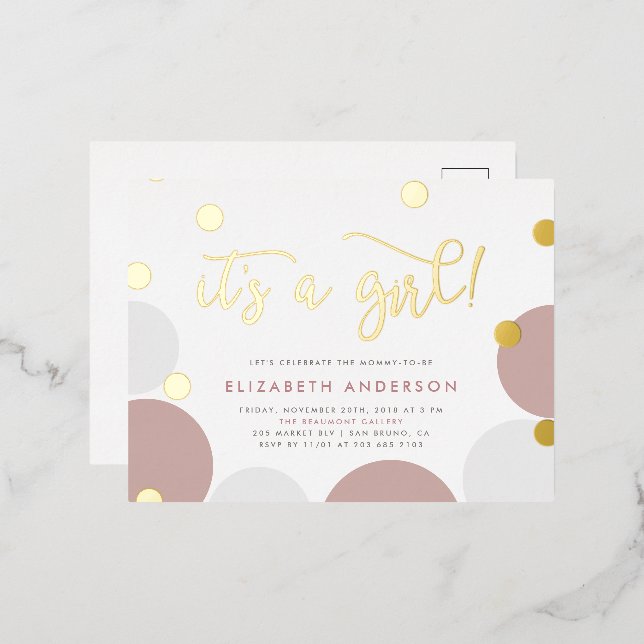 It's a Girl! | Rose & Gold Confetti Baby Shower Foil Invitation Postcard (Front/Back)