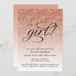 It's a Girl Rose Gold Ombre Glitter Baby Shower Invitation