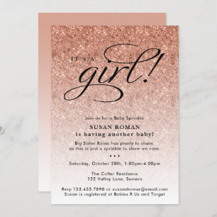 It's a Girl Rose Gold Ombre Glitter Baby Sprinkle Invitation