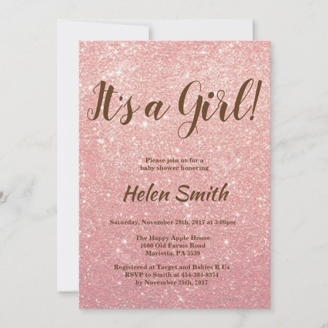 It's A Girl Rose Gold Pink Glitter Baby Shower Invitation (Front)