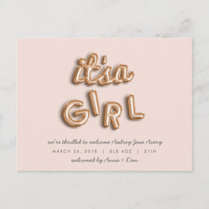 ITS a girl! Rose gold/PINK postcard. Announcement Postcard