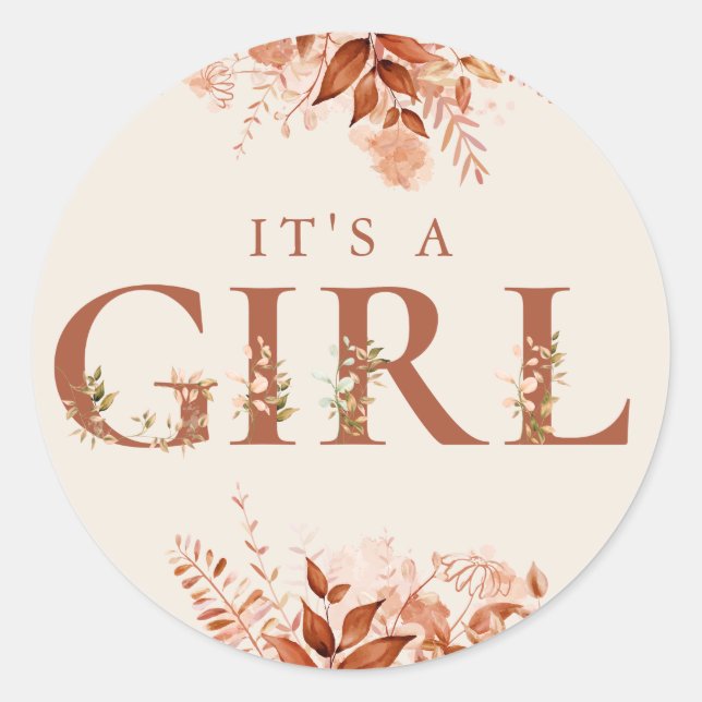 Its A Girl Rustic Floral Fall Baby Shower Classic Round Sticker (Front)