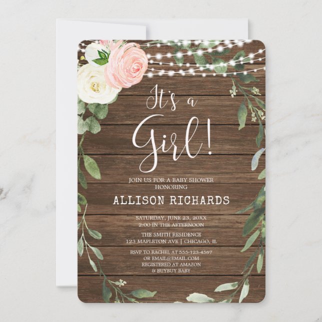 It's a Girl Rustic lights pink greenery shower Invitation (Front)