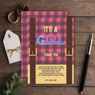 It's a girl Rustic Lumberjack Flannel Baby Shower Thank You Card