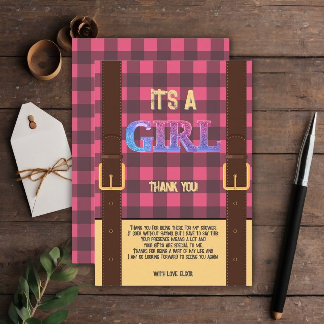 It's a girl Rustic Lumberjack Flannel Baby Shower  Thank You Card (Creator Uploaded)