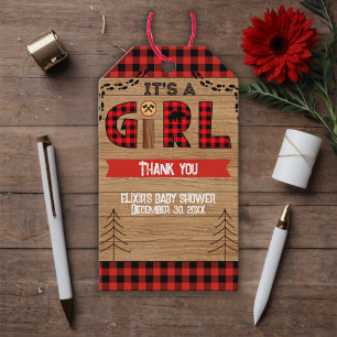 It's a Girl Rustic Wood Plaid Baby Shower Gift Tags