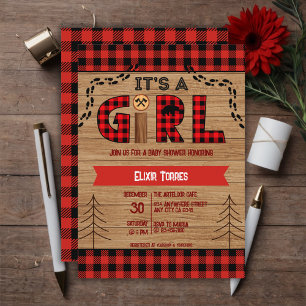 It's a Girl Rustic Wood Plaid Baby Shower Invitation