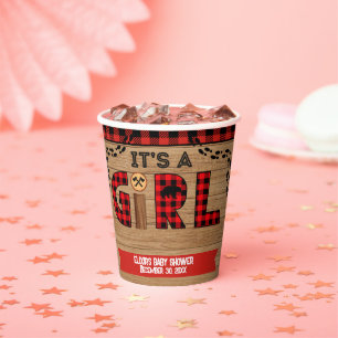It's a Girl Rustic Wood Plaid Baby Shower Paper Cups