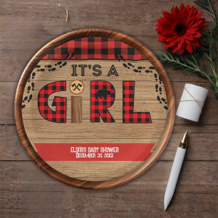 It's a Girl Rustic Wood Plaid Baby Shower Paper Plate