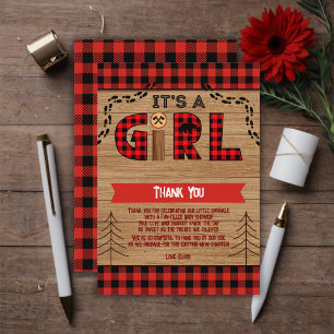 It's a Girl Rustic Wood Plaid Baby Shower Thank You Card
