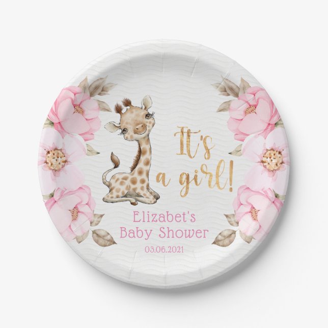 It's a Girl! Safari Animals Baby Shower Paper Plate (Front)