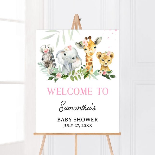 It's A Girl Safari Animals Baby Shower Welcome Poster (Pink Floral Jungle Safari Baby Shower Welcome Sign)