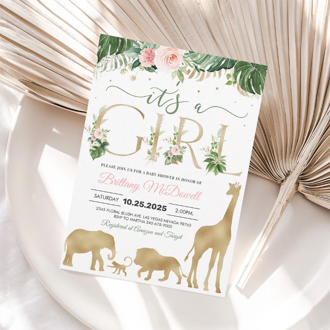 Its a Girl Safari Gold Baby Shower Invitation (Creator Uploaded)