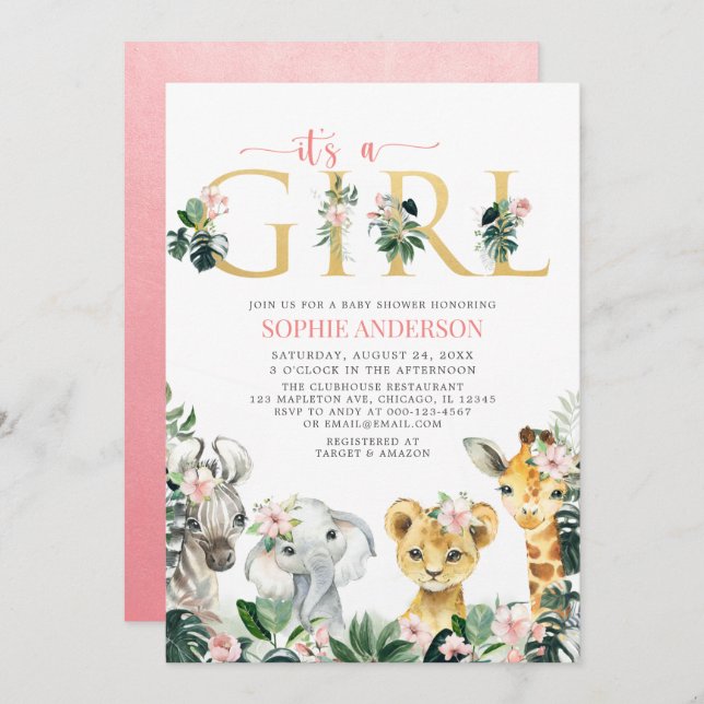 It's a Girl Safari Jungle Animals Baby Shower Invitation (Front/Back)