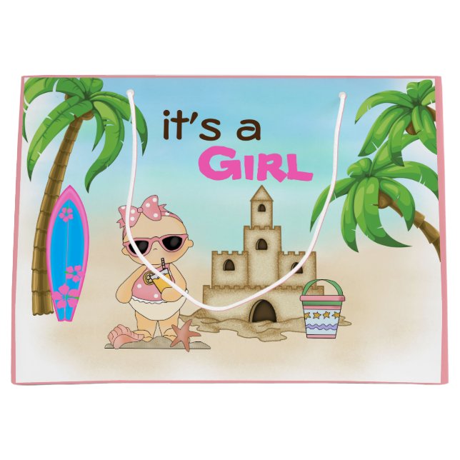 It's a Girl Sandcastle Surfboard Beach Baby Shower Large Gift Bag (Front)