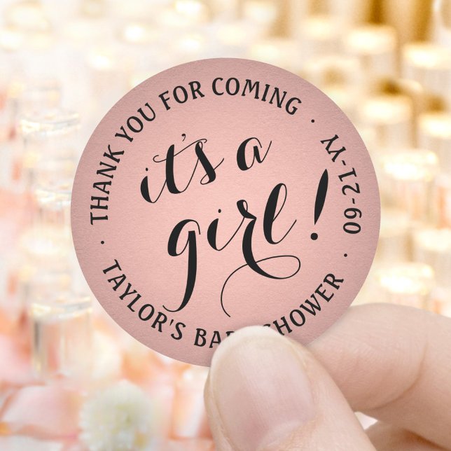 It's a Girl! Script Baby Shower Pink and Black Classic Round Sticker (Creator Uploaded)
