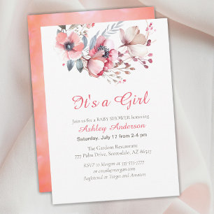 It's a Girl, Script Text, Flowers, Baby Shower Invitation