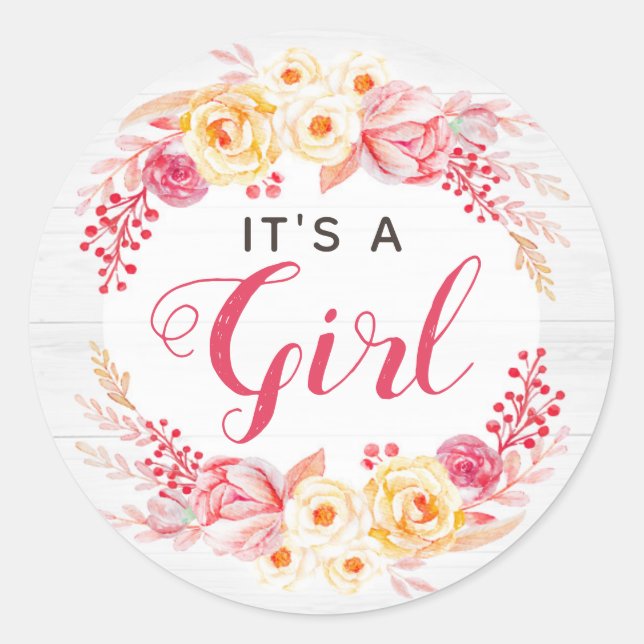 It's A Girl Shabby Chic Rustic Floral Baby Shower Classic Round Sticker (Front)