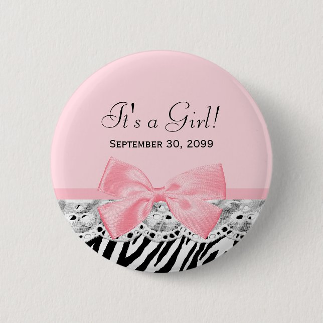 Its a Girl Shower Pink Ribbon and Lace Zebra Print 6 Cm Round Badge (Front)