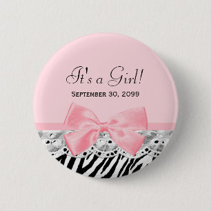 Its a Girl Shower Pink Ribbon and Lace Zebra Print 6 Cm Round Badge