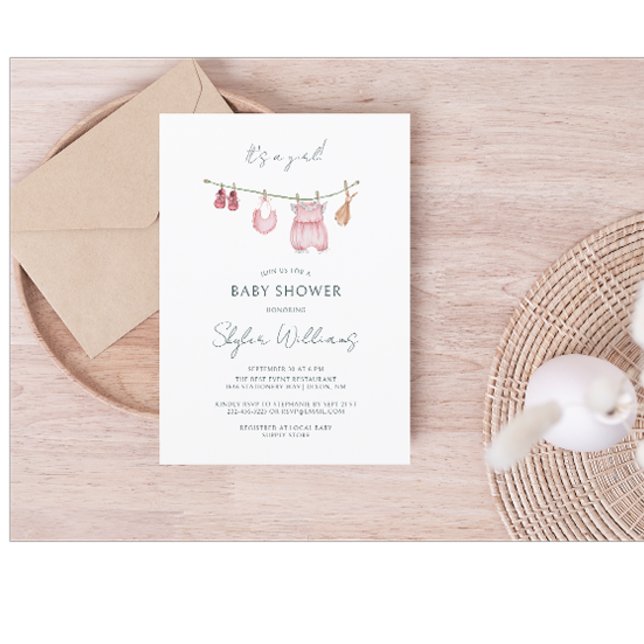 Its a Girl Simple Clothes Watercolor Baby Shower Invitation (Creator Uploaded)