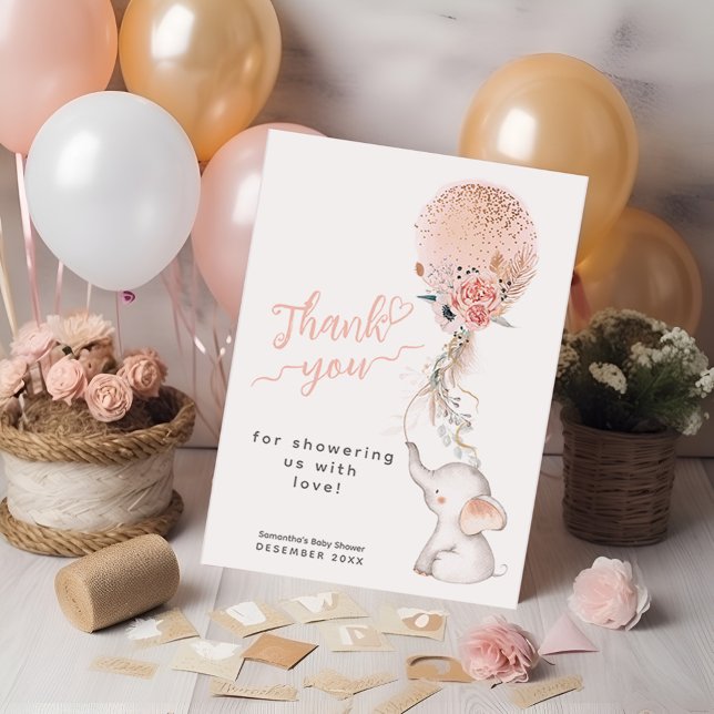 It's a Girl Simple Elephant & Balloon Baby Shower Thank You Card (Creator Uploaded)