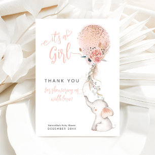 It's a Girl Simple Elephant & Balloon Baby Shower Thank You Card