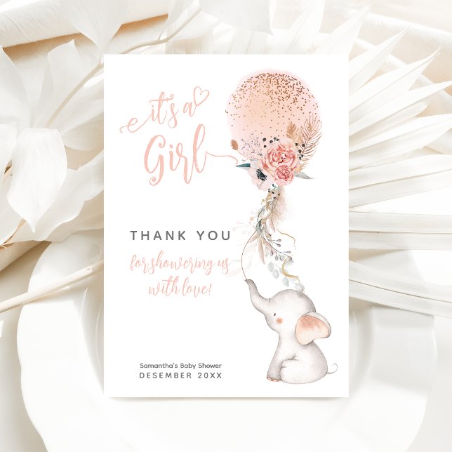 It's a Girl Simple Elephant & Balloon Baby Shower  Thank You Card (Creator Uploaded)