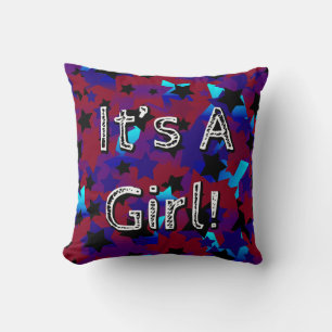 It's A Girl! Stars In Dark Red and Blues Cushion