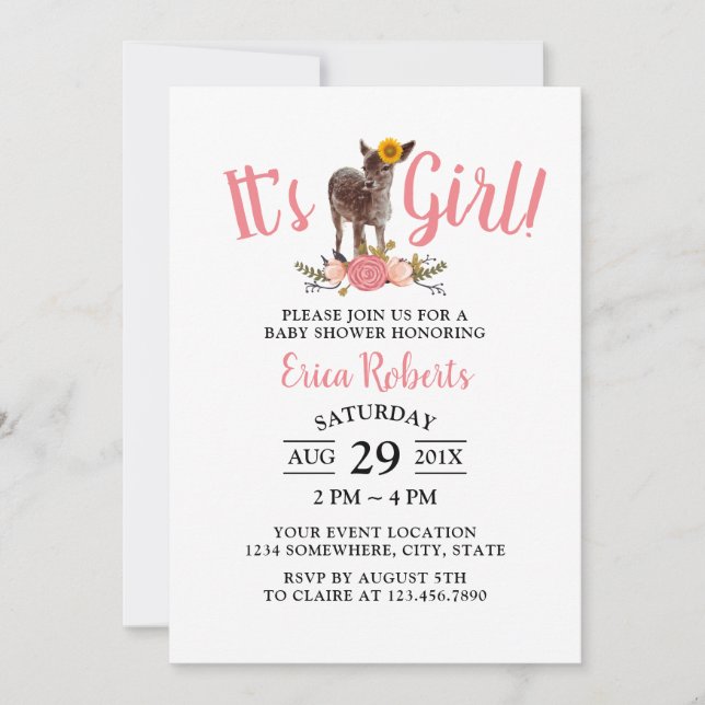 It's a Girl Sunflower Deer Sweet Pink Baby Shower Invitation (Front)