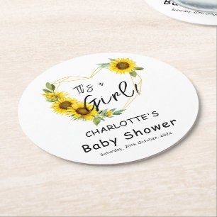 It's a Girl! Sunflowers Frame Baby Shower Round Paper Coaster