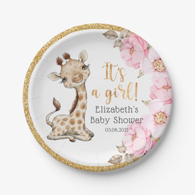 It's a Girl! Sweet Giraffe Baby Shower Paper Plate (Front)
